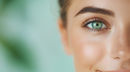 Glowing Skin Close-Up:Woman's Face Showcases Botanical Herbal Facial Treatment in Watercolor Green Tones