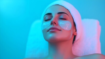 Serene Woman Applying Rejuvenating Gel Mask in Futuristic Spa Setting