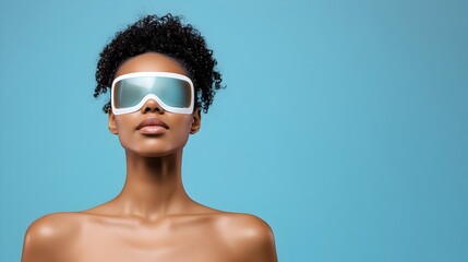 Woman with Futuristic Hologram Mask Showcasing Skincare Recovery Stages in Augmented Reality 3D