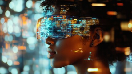 A conceptual image of a person wearing augmented reality AR glasses, with digital overlays enhancing their view of the world, highlighting the blending of virtual and real environment