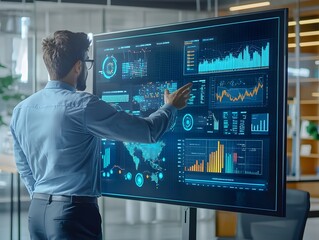 An office scene featuring a professional employee standing in front of a large digital screen
