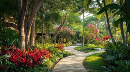 Stone Path Winding Through a Lush Tropical Garden