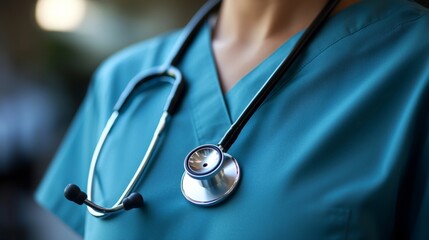 Detailed shot of a stethoscope hanging on a healthcare worker neck