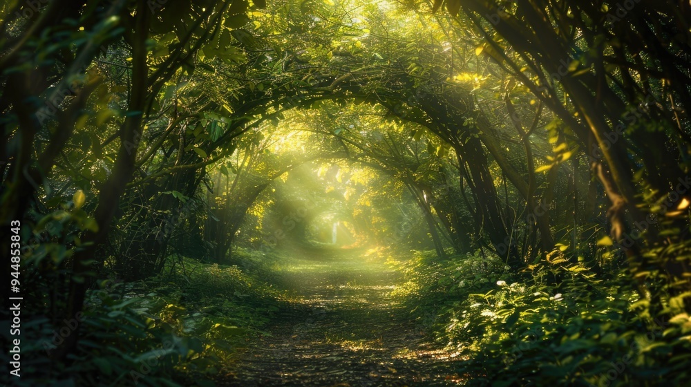 Poster mystical forest archway with dappled sunlight filtering through.
