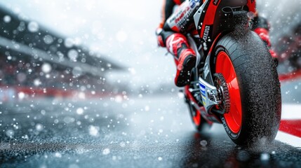 Motorcycle Racer Braving Wet Conditions on a Slick Track
