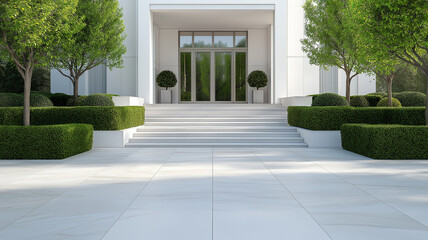 Modern entrance with steps, greenery, and elegant design