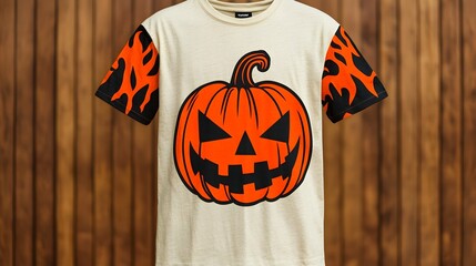 Devilish Pumpkin T-Shirt Design with Fiery Halloween Branding and Selective Focus