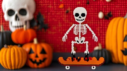 Skeleton Riding Skateboard on Punk-Style Halloween T-Shirt With Copyspace