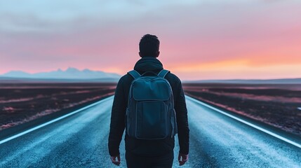 Solitary traveler journeying down an empty road at dawn,backpack in hand,contemplating the path ahead