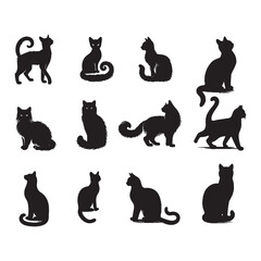 set of black cats silhouettes on white	