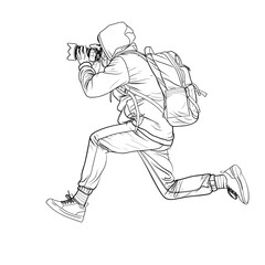 Fototapeta premium Sketch of a person in a hoodie and backpack running while holding a camera.
