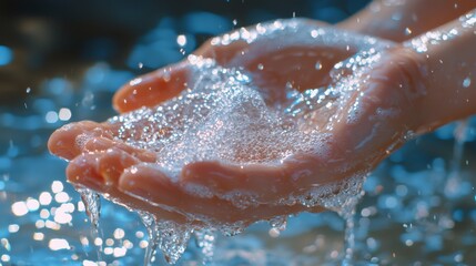 Fototapeta premium Macro view of a hand washing with antibacterial soap