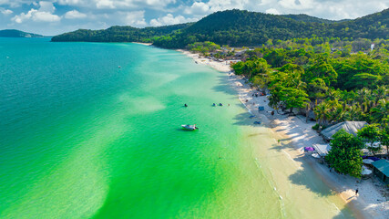 Aerial view of Phu Quoc Island Coastal Scenery (Khem Beach), Vietnam. Emerald Bay, a Popular Tourism Destination for Summer Vacation in Southeast Asia, with Tropical Climate and Beautiful Landscape.