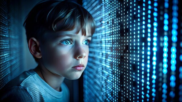 ominous atmosphere dark room child surrounded by darkness peering into bright screen with cryptic codes reflected on face amidst faintly lit atmosphere