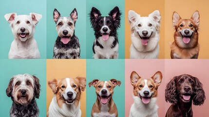 Joyful Portraits of Various Dog Breeds Against Colorful Pastel Backgrounds