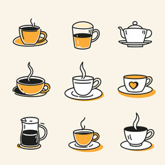 Illustration of various coffee cups, mugs, and teapots with simple, minimalistic design elements on a beige background.