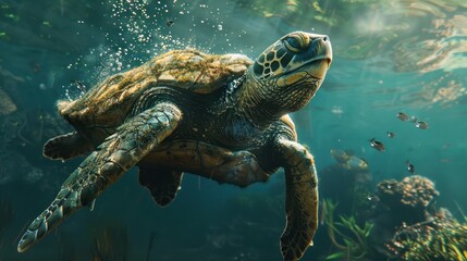 Obraz premium Sea Turtle Gracefully Swimming Underwater