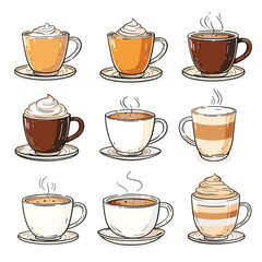 Obraz premium A variety of coffee cups with different types of hot beverages, including espresso, cappuccino, latte, and more on white background.