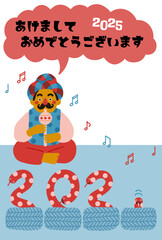 2025年巳年年賀状　コミカルな蛇使いのイラスト