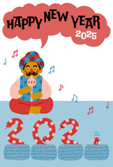 2025年巳年年賀状　コミカルな蛇使いのイラスト
