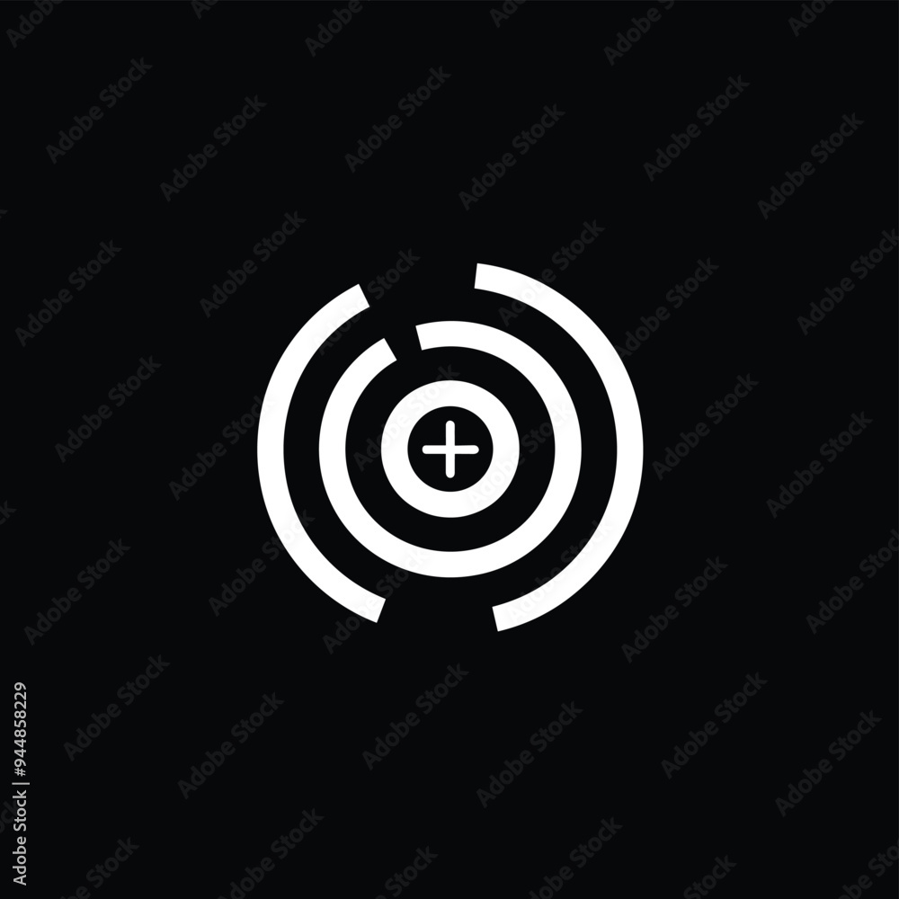 Poster minimalist black and white abstract design with concentric circles and cross in the center.