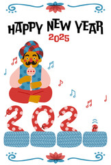 2025年巳年年賀状　コミカルな蛇使いのイラスト