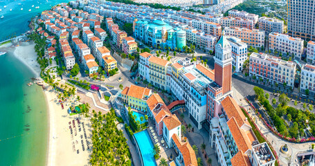 Colorful buildings Mediterranean area in An Thoi town, Phu Quoc island, Vietnam. Aerial View, Home to the most luxurious resort apartments on the island in the Gulf of Thailand