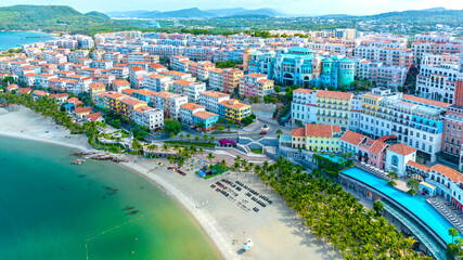 Colorful buildings Mediterranean area in An Thoi town, Phu Quoc island, Vietnam. Aerial View, Home to the most luxurious resort apartments on the island in the Gulf of Thailand © huythoai