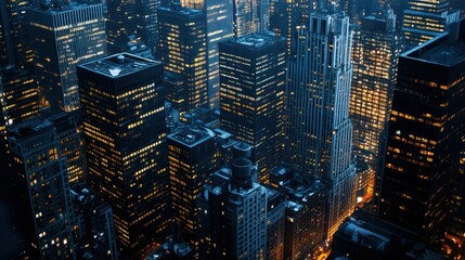 Aerial View of a City Skyline at Night with Illuminated Windows