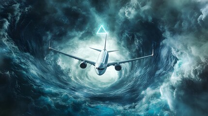 A plane flying over the ocean entering a Bermuda Triangle vortex, evoking a sense of dread and danger.
