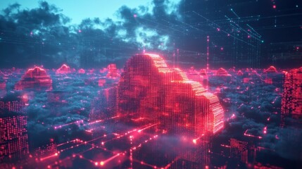 Obraz premium High-tech cloud data technology, floating data blocks connected by glowing pathways, in a virtual environment representing digital evolution