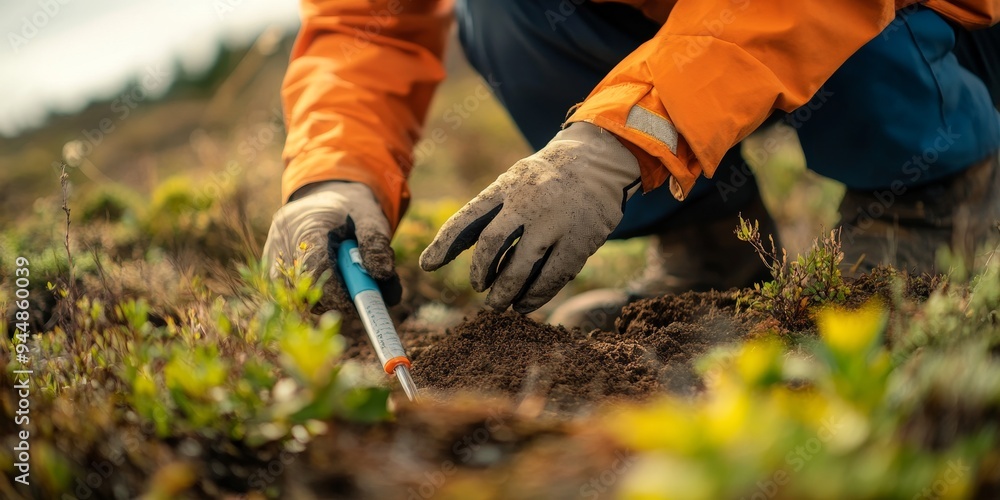Poster a field researcher taking soil samples in a remote location, with gps coordinates and environmental 