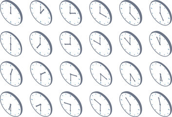 アイソメトリックな0分と30分を表示した時計のセット