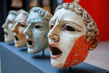 Masks from a Greek tragedy. AI generative.