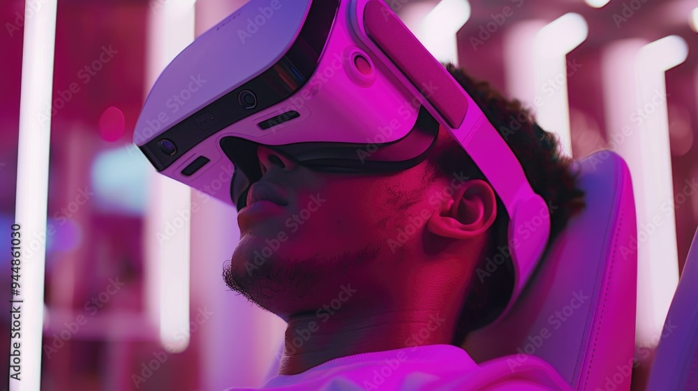 Aufkleber man engrossed in virtual reality with an advanced headset, experiencing limitless digital possibilit