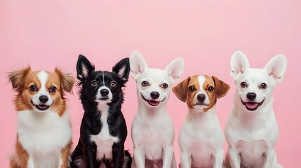 Diverse group of cute and happy dogs in pastel color studio portrait
