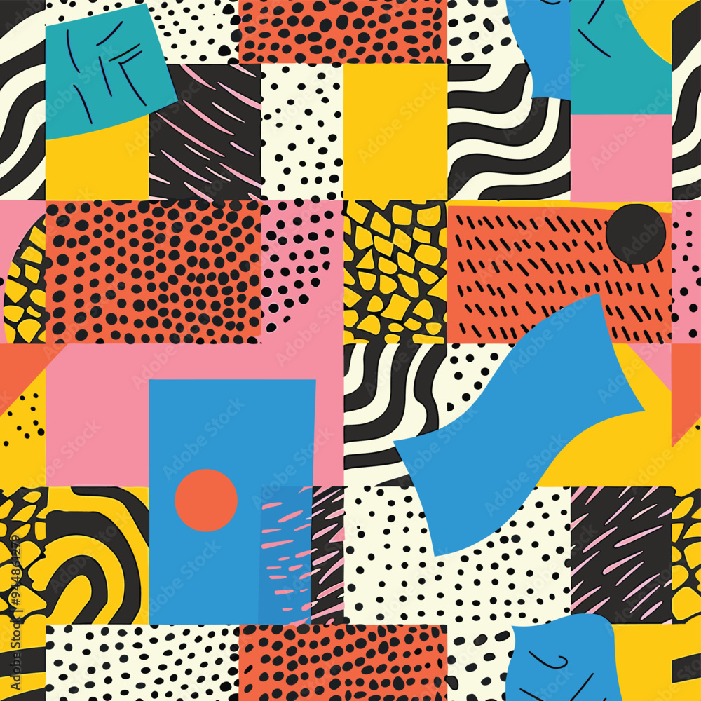 Poster colorful and abstract geometric pattern with various shapes and bold colors in an intricate mosaic d