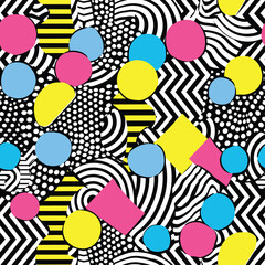 Abstract pattern with bold geometric shapes in vibrant colors and black-and-white background.