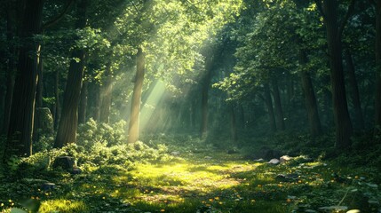 Obraz premium Sunbeams illuminating a path through a dense, verdant forest