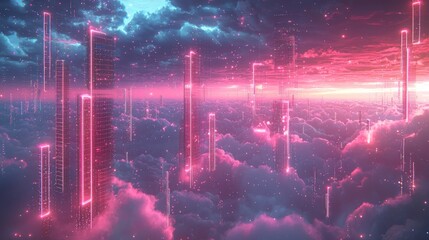 Obraz premium Cloud storage deployment process, digital vaults ascending into a sky full of connected nodes, secure and efficient storage solutions