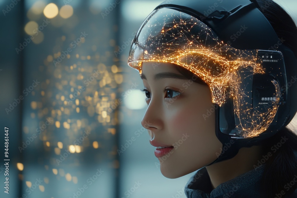 Aufkleber woman wearing a helmet with digital neural patterns representing the integration of cutting edge tec