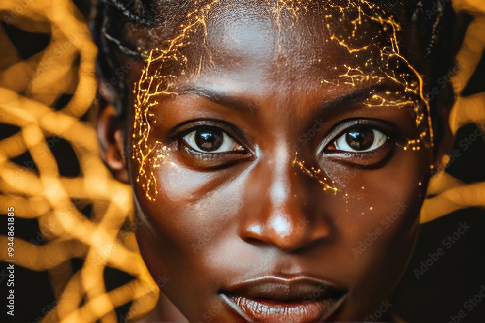 Poster portrait of a woman with golden neural networks on her face representing the deep connection between