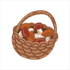 Vector isolated element. A wicker basket with mushrooms. An edible mushroom. Autumn time. Color image on a white background. The print is used for packaging design.