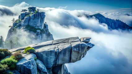 Fototapeta premium serene majestic granite rock formation protrudes from misty white foggy background with cracked shelf revealing hidden world in stark high-contrast monochrome with subtle blue undertones