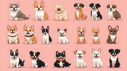 Obraz premium Adorable Cartoon Dog Breeds Illustrated in Soft Pink Studio Background