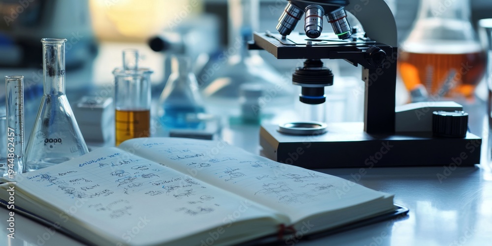 Poster a lab notebook next to a microscope, with detailed observations and experimental results recorded in