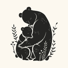 Mother and baby bear hug in a monochrome illustration, surrounded by plants, creating a heartwarming scene.