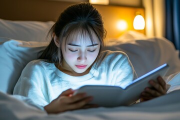 Young woman engrossed in a book while lying in bed representing the quiet joy of night time reading and the simple pleasure of a good story
