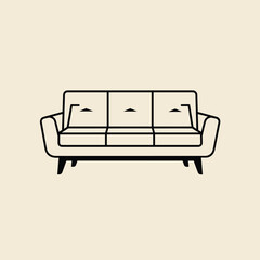 Minimalist beige sofa with three cushions and simple black legs against a plain beige background.