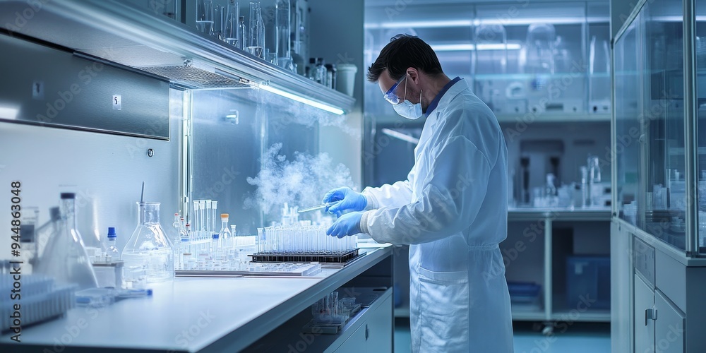 Poster a laboratory?s fume hood in operation, with chemicals being safely handled and experiments in progre